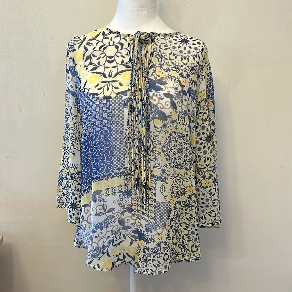 One World blue yellow white floral sheer long sleeve blouse Size S EUC